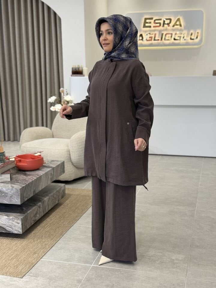 ARMİNE TENCEL PANTOLONLU TAKIM KAHVE