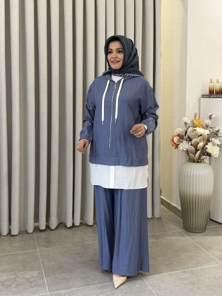 ARMİNE TREND GÖMLEK DETAYLI ÇİLEK KUMAŞ PANTALONLU TAKIM İNDİGO