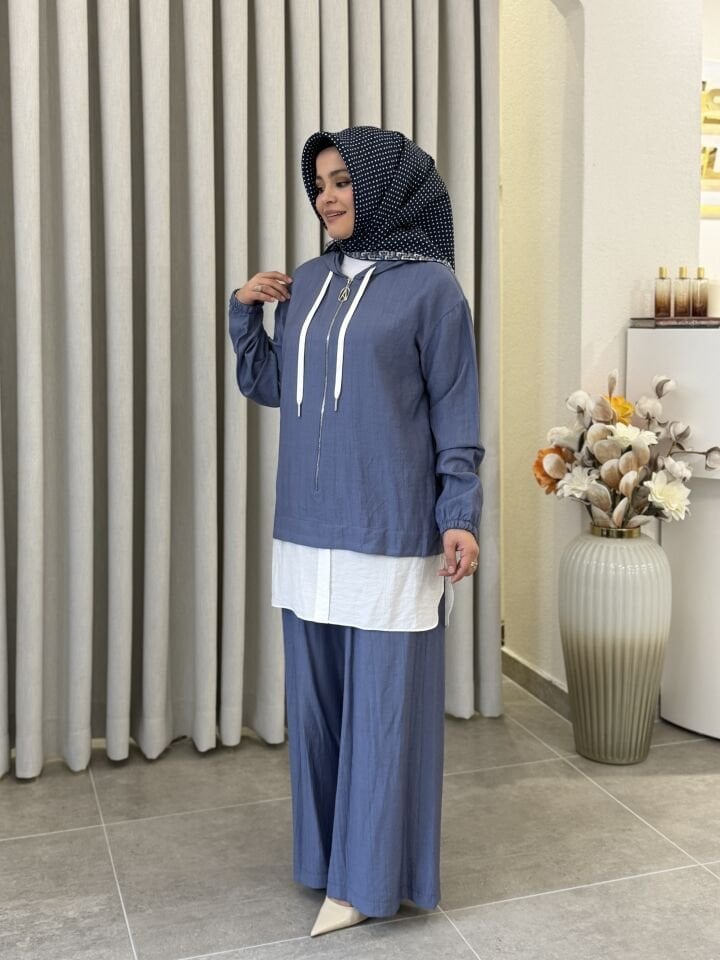 ARMİNE TREND GÖMLEK DETAYLI ÇİLEK KUMAŞ PANTALONLU TAKIM İNDİGO