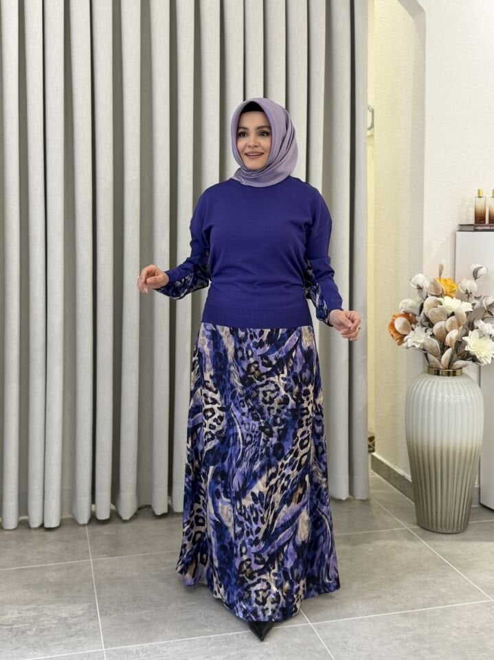 TIĞ TRİKO İPEK CUPRA LEOPAR DESENLİ ELBİSE MOR