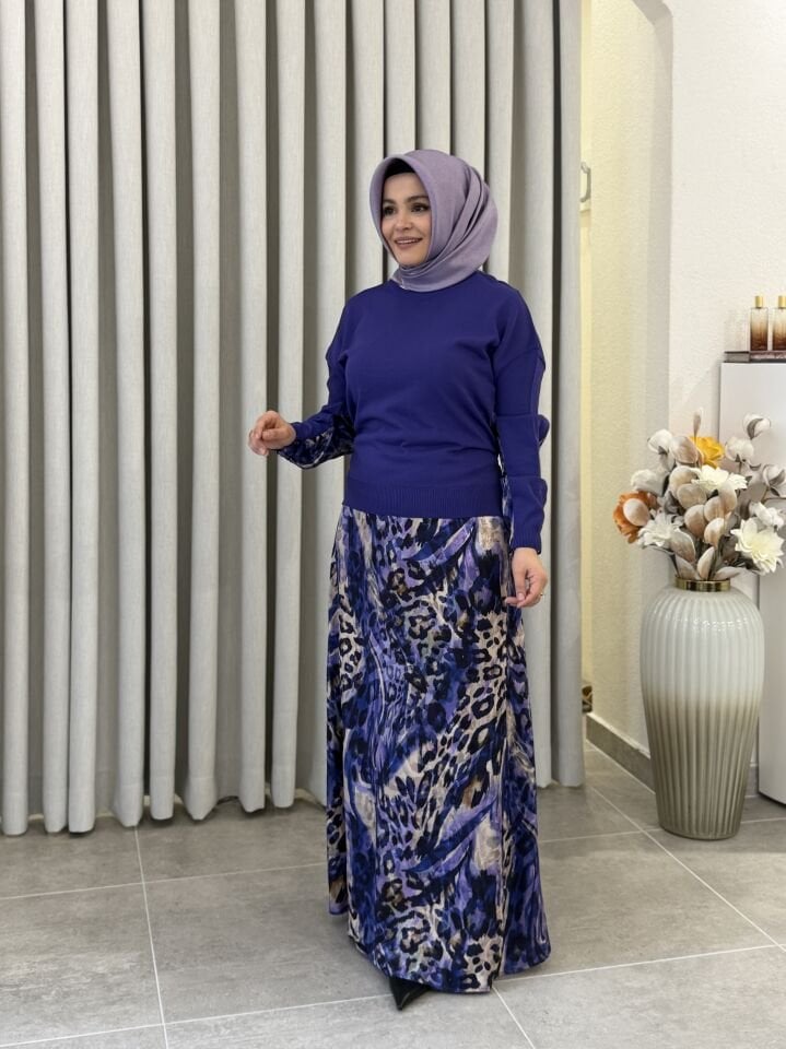 TIĞ TRİKO İPEK CUPRA LEOPAR DESENLİ ELBİSE MOR