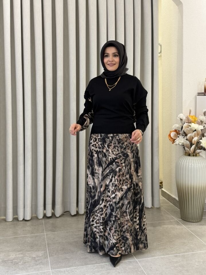 TIĞ TRİKO İPEK CUPRA LEOPAR DESENLİ ELBİSE SİYAH