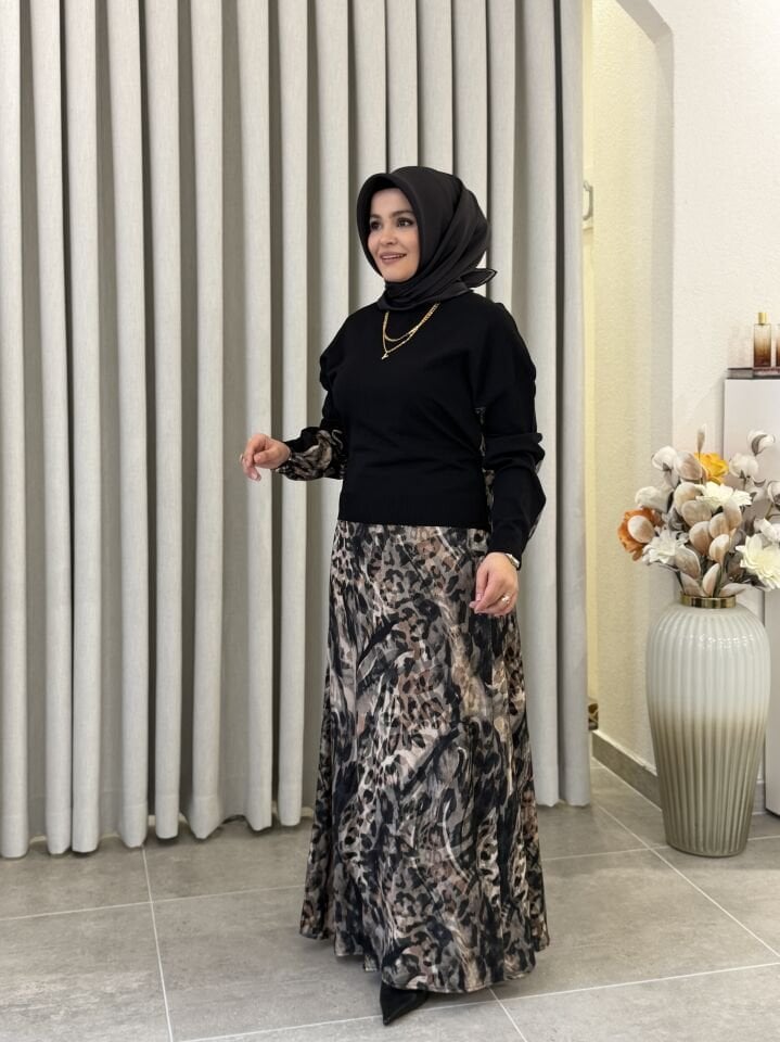 TIĞ TRİKO İPEK CUPRA LEOPAR DESENLİ ELBİSE SİYAH