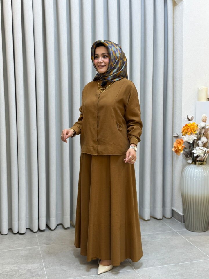ARMİNE TREND CEPLİ TENCEL ETEKLİ TAKIM HARDAL