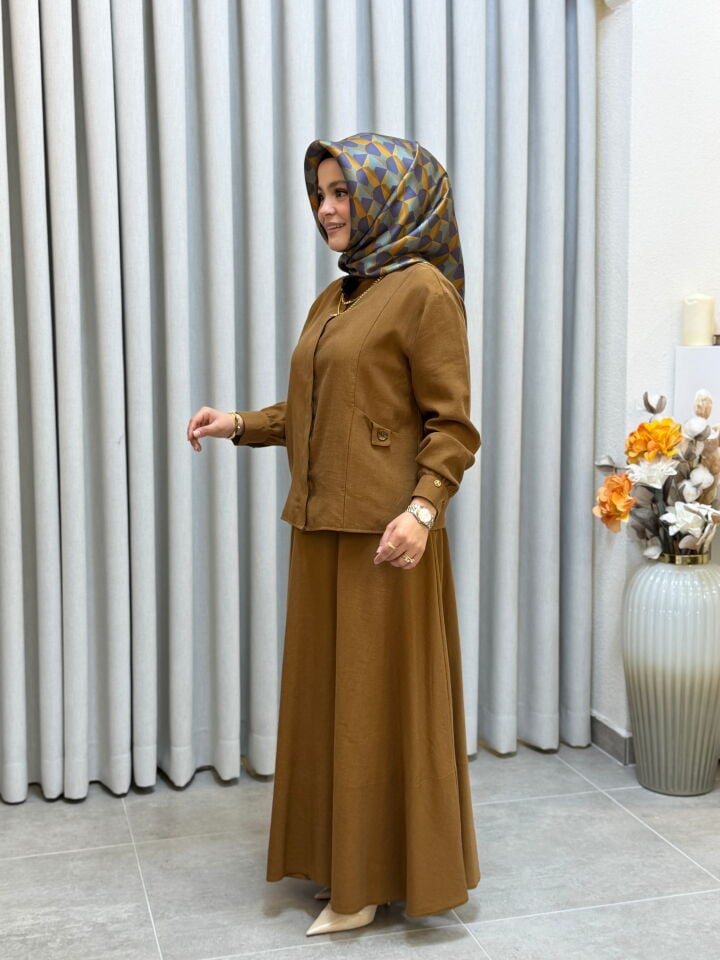 ARMİNE TREND CEPLİ TENCEL ETEKLİ TAKIM HARDAL