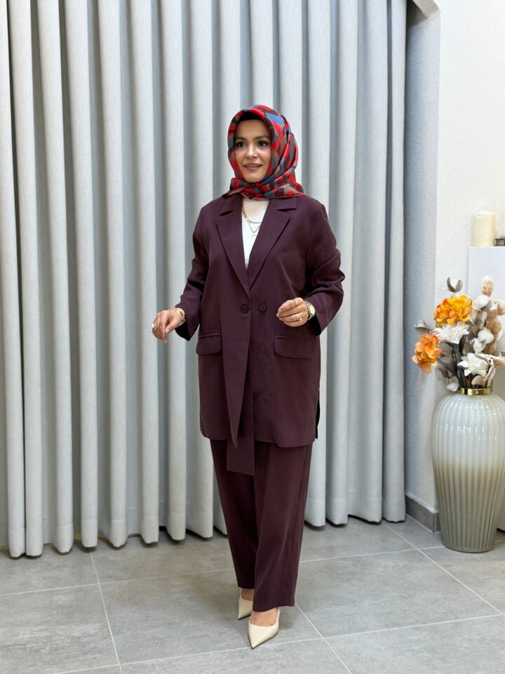 TIĞ TRİKO YAKA DETAYLI BLAZER CEKET PANTOLONLU TAKIM BORDO
