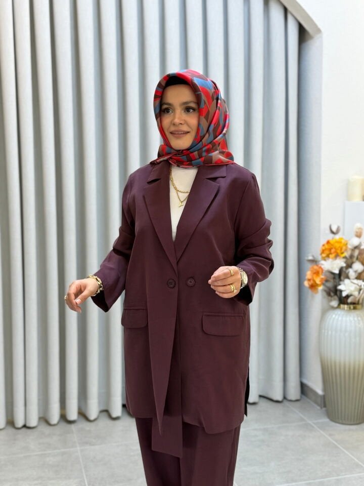 TIĞ TRİKO YAKA DETAYLI BLAZER CEKET PANTOLONLU TAKIM BORDO