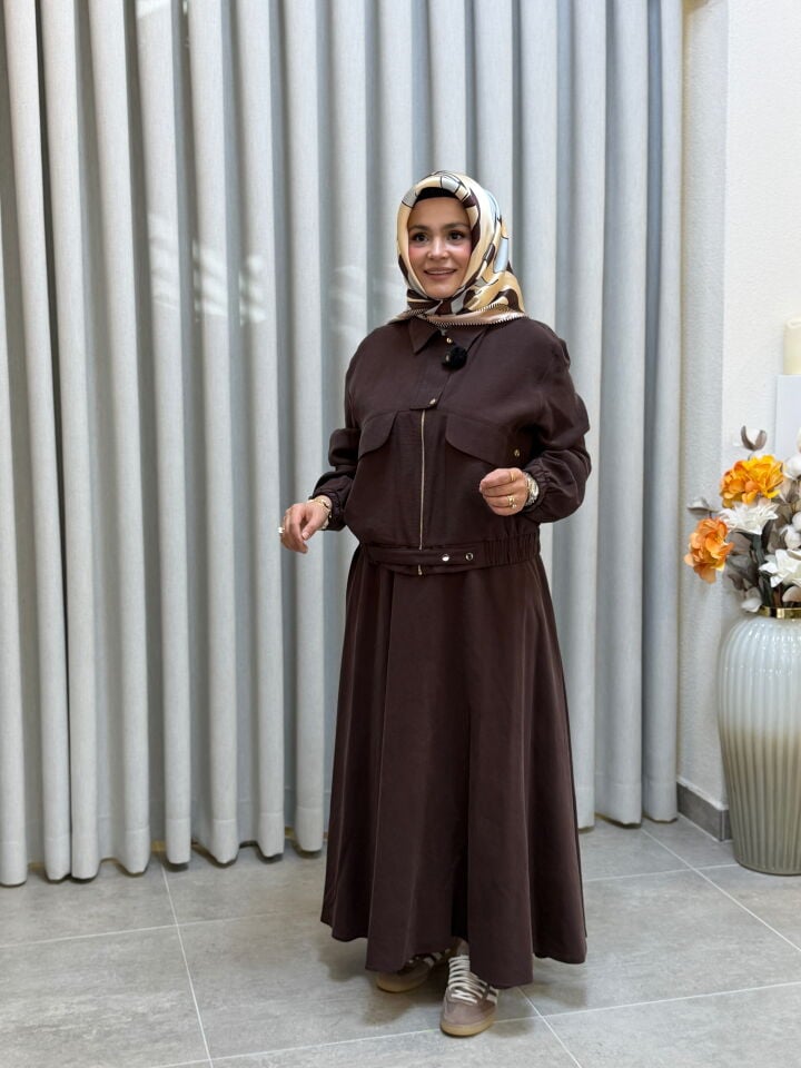 ARMİNE TREND PAMUK TENCEL BOMBER CEKETLİ ETEKLİ TAKIM KAHVERENGİ