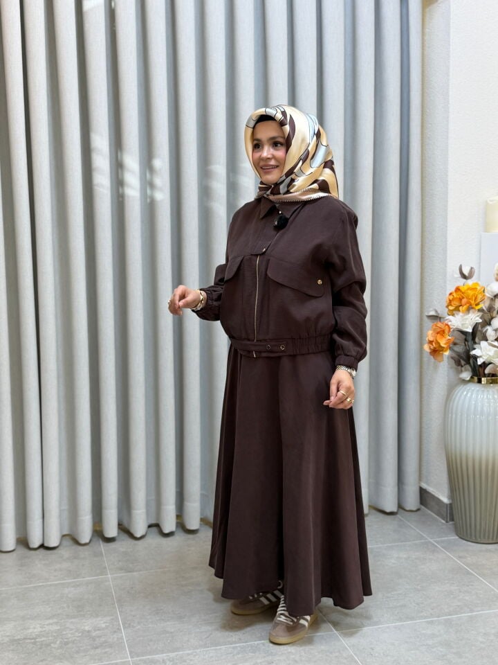 ARMİNE TREND PAMUK TENCEL BOMBER CEKETLİ ETEKLİ TAKIM KAHVERENGİ