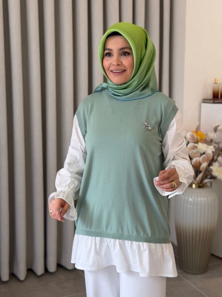 TIĞ TRİKO GÖMLEK GÖRÜNÜMLÜ MERSERİZE TUNİK MİNT