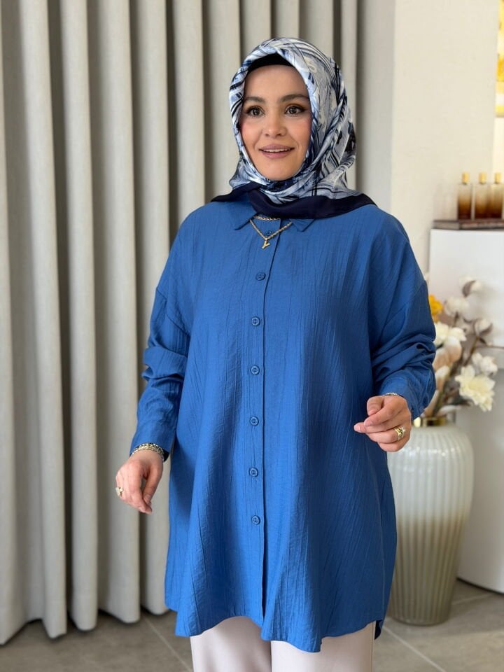 KADO ÇİLEK KUMAŞ OVERSİZE GÖMLEK MAVİ