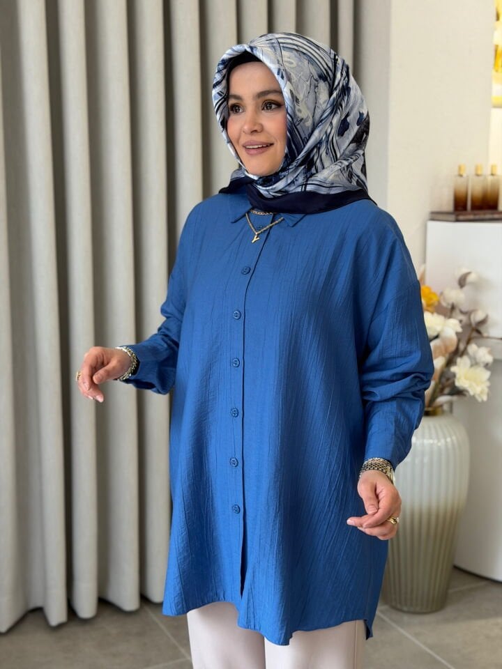 KADO ÇİLEK KUMAŞ OVERSİZE GÖMLEK MAVİ