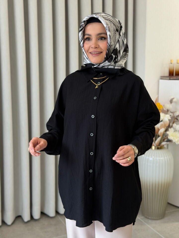 KADO ÇİLEK KUMAŞ OVERSİZE GÖMLEK SİYAH