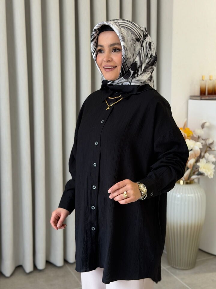 KADO ÇİLEK KUMAŞ OVERSİZE GÖMLEK SİYAH