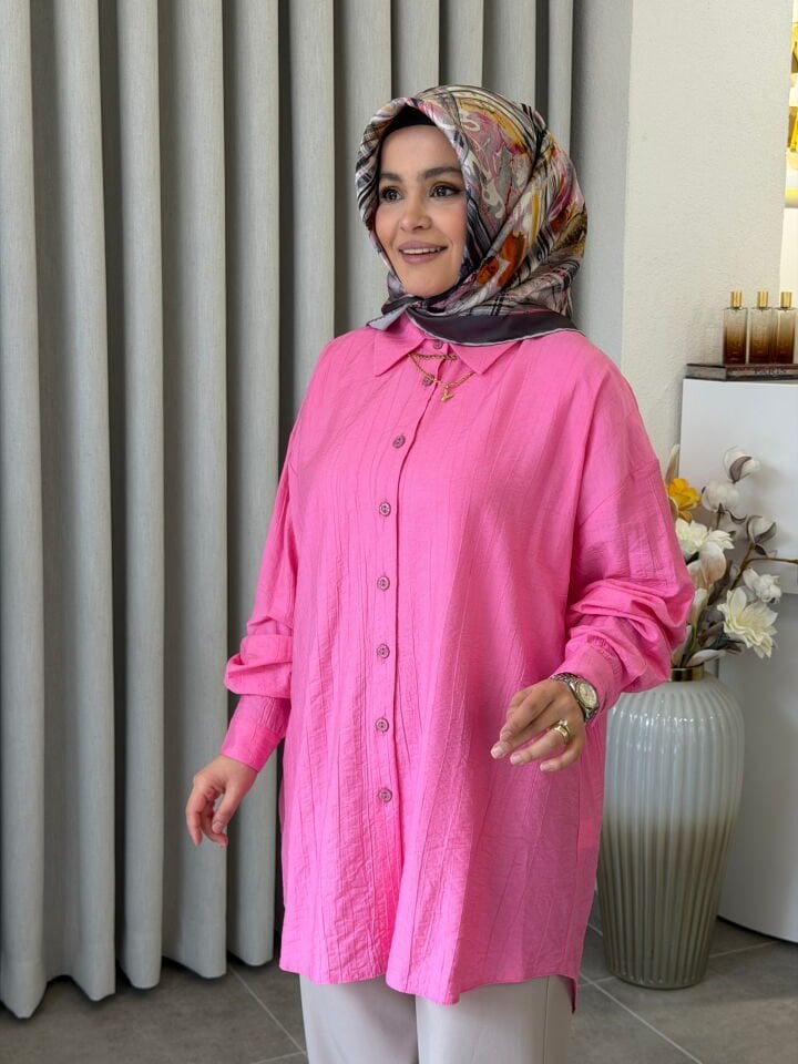 KADO ÇİLEK KUMAŞ OVERSİZE GÖMLEK PEMBE