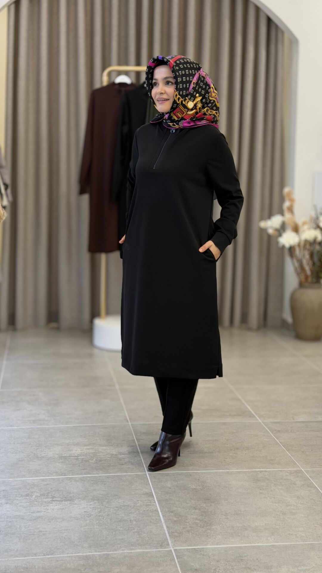 ARMİNE TREND TAM BOY  CEPLİ TUNİK SİYAH