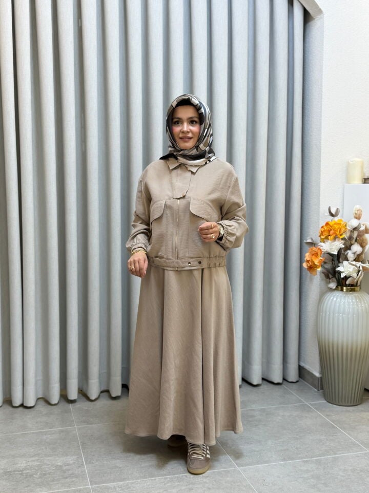 ARMİNE TREND PAMUK TENCEL BOMBER CEKETLİ ETEKLİ TAKIM BEJ