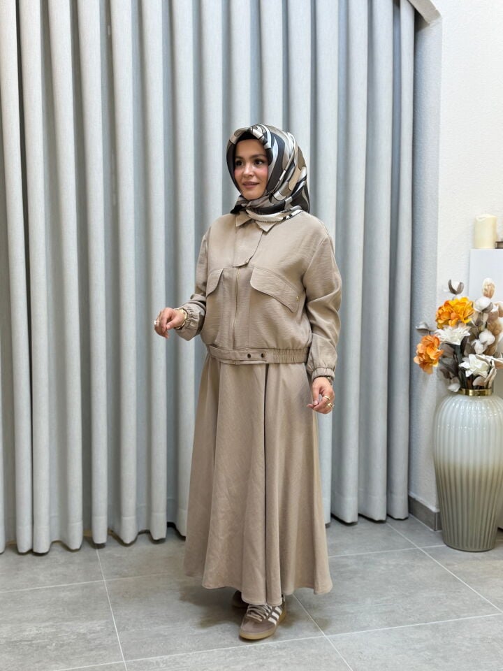 ARMİNE TREND PAMUK TENCEL BOMBER CEKETLİ ETEKLİ TAKIM BEJ