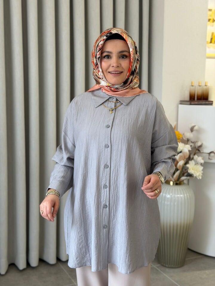 KADO ÇİLEK KUMAŞ OVERSİZE GÖMLEK GRİ